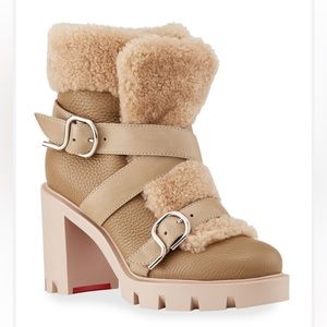 Christian Louboutin Pole Chic Shearling Red Sole Combat Booties 37
